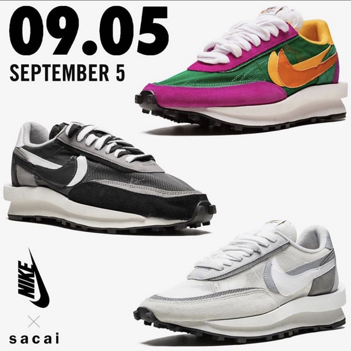 Sacai x Nike LD Waffles Sneaker release Sep 5 2019.9.5